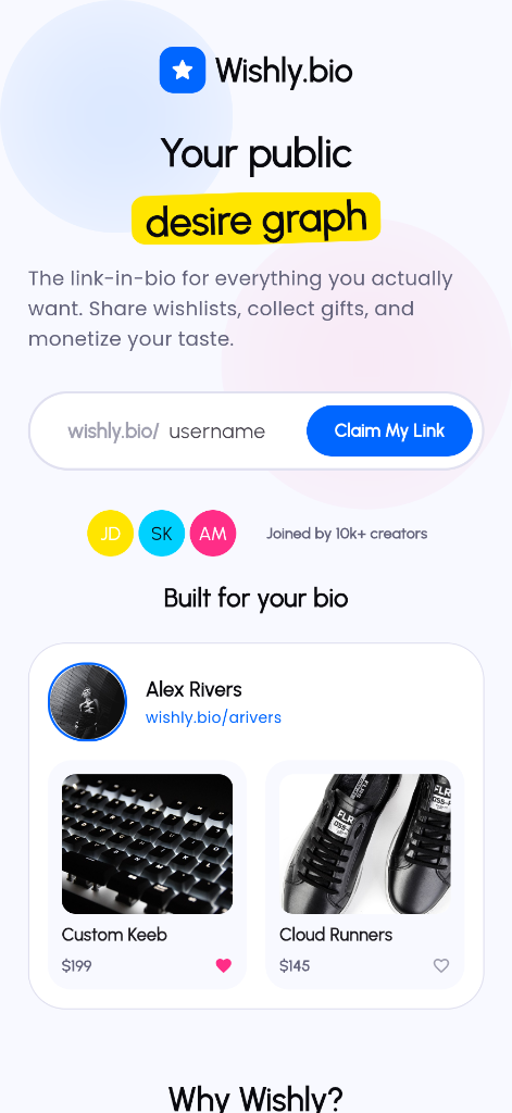 Wishly.bio app interface